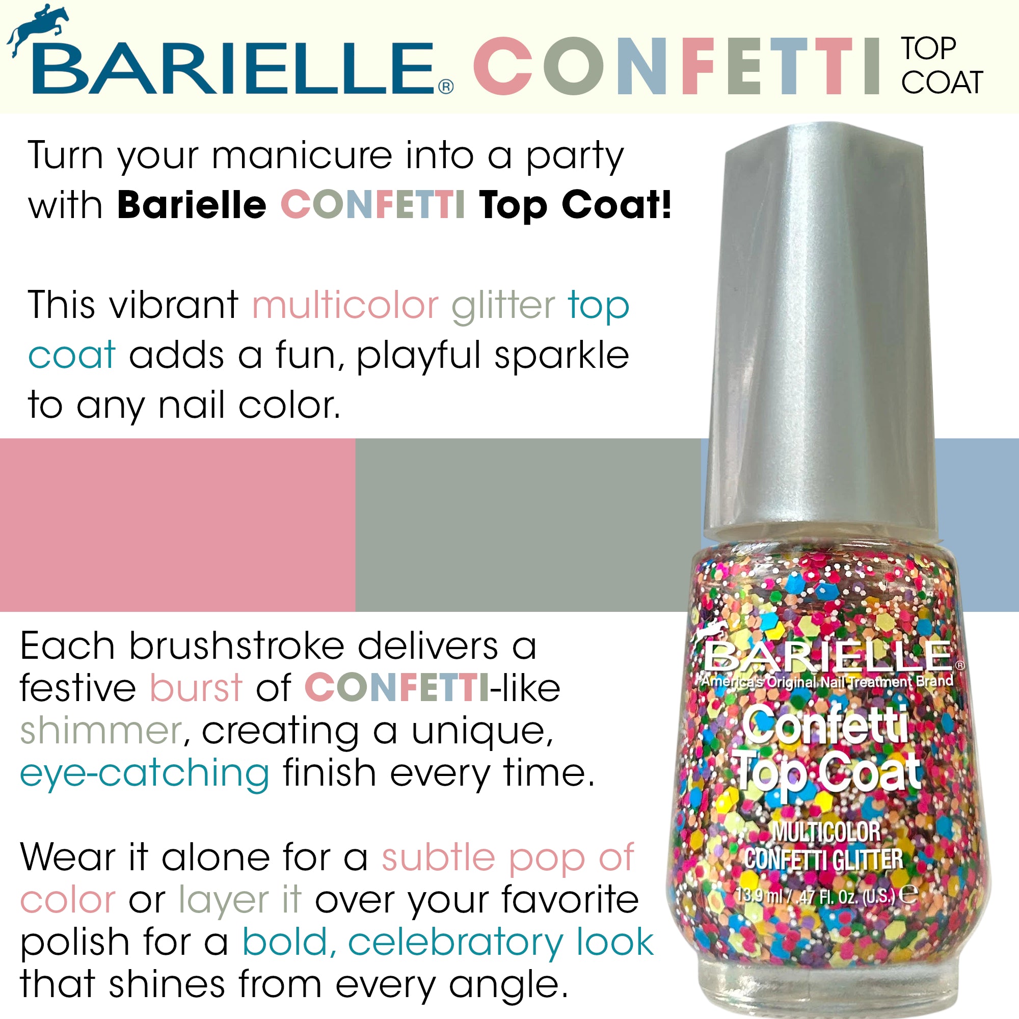 Barielle Confetti Top Coat .47 oz. - Multicolor Confetti Glitter Top Coat