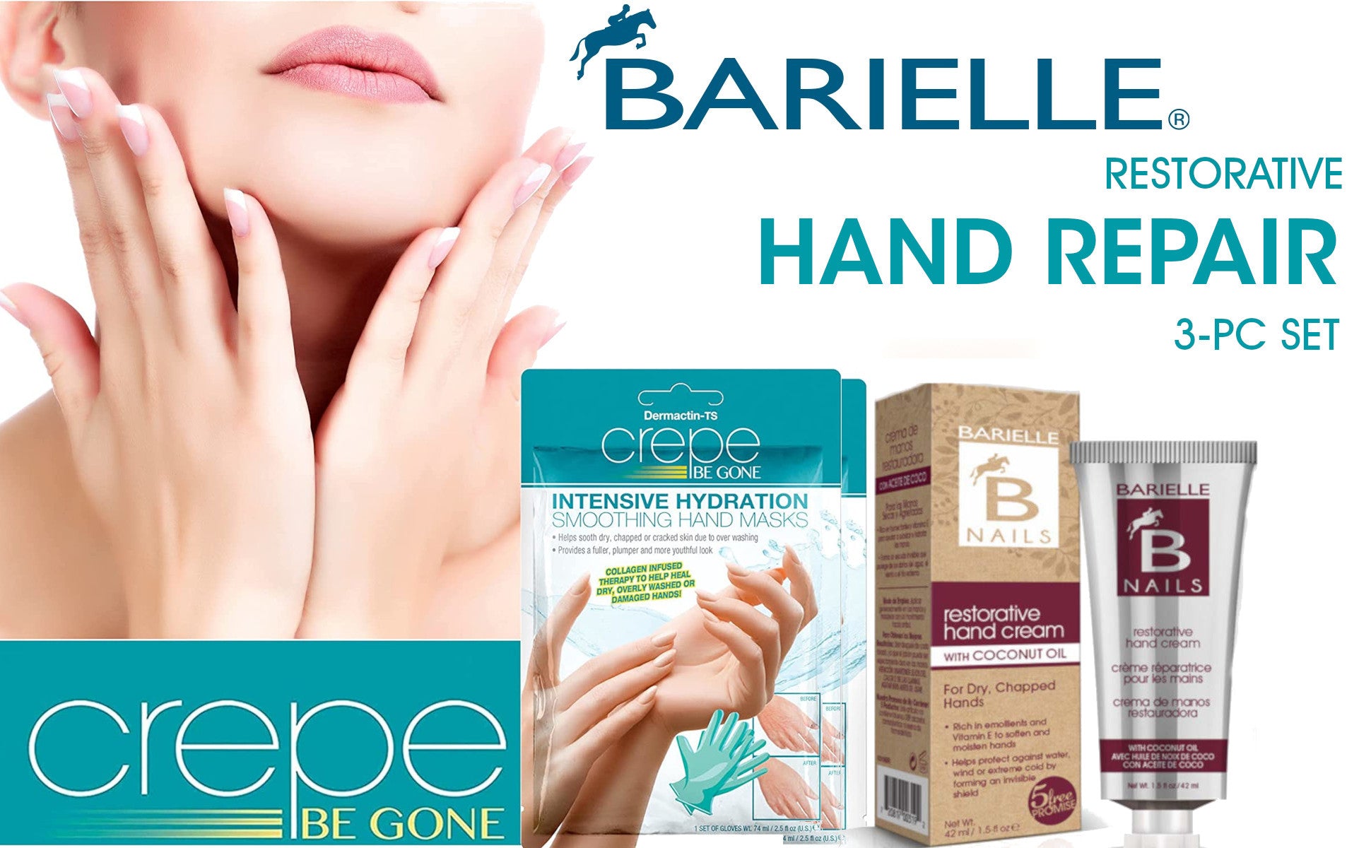 Barielle Restorative Hand Repair 3-PC Set - Includes 2 Hand Masks & Restorative Hand Treatment Cream 2.5 oz.